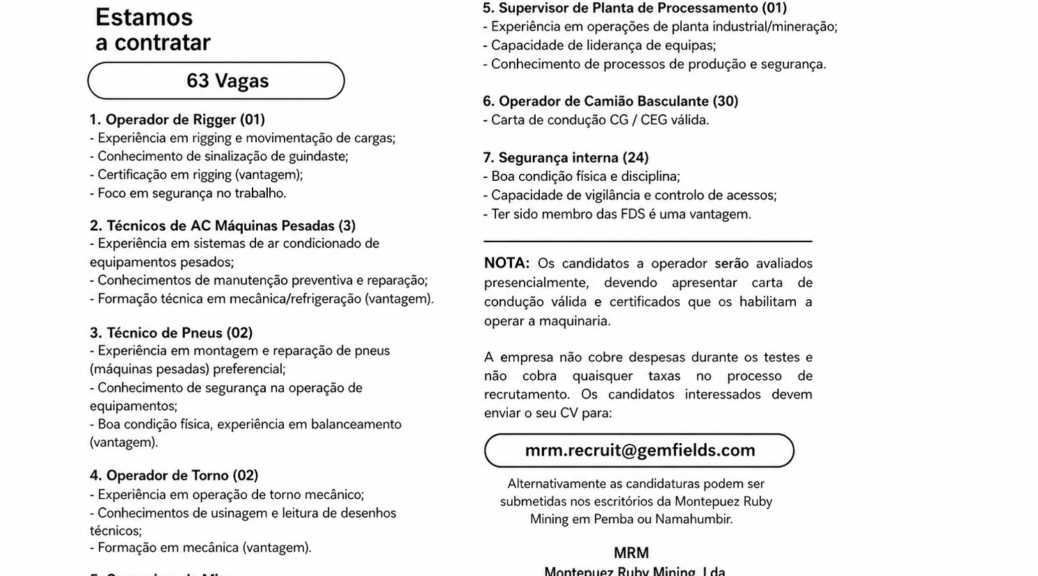 Empresa MONTEPUEZ RUBY MINING, abriu 63 vagas